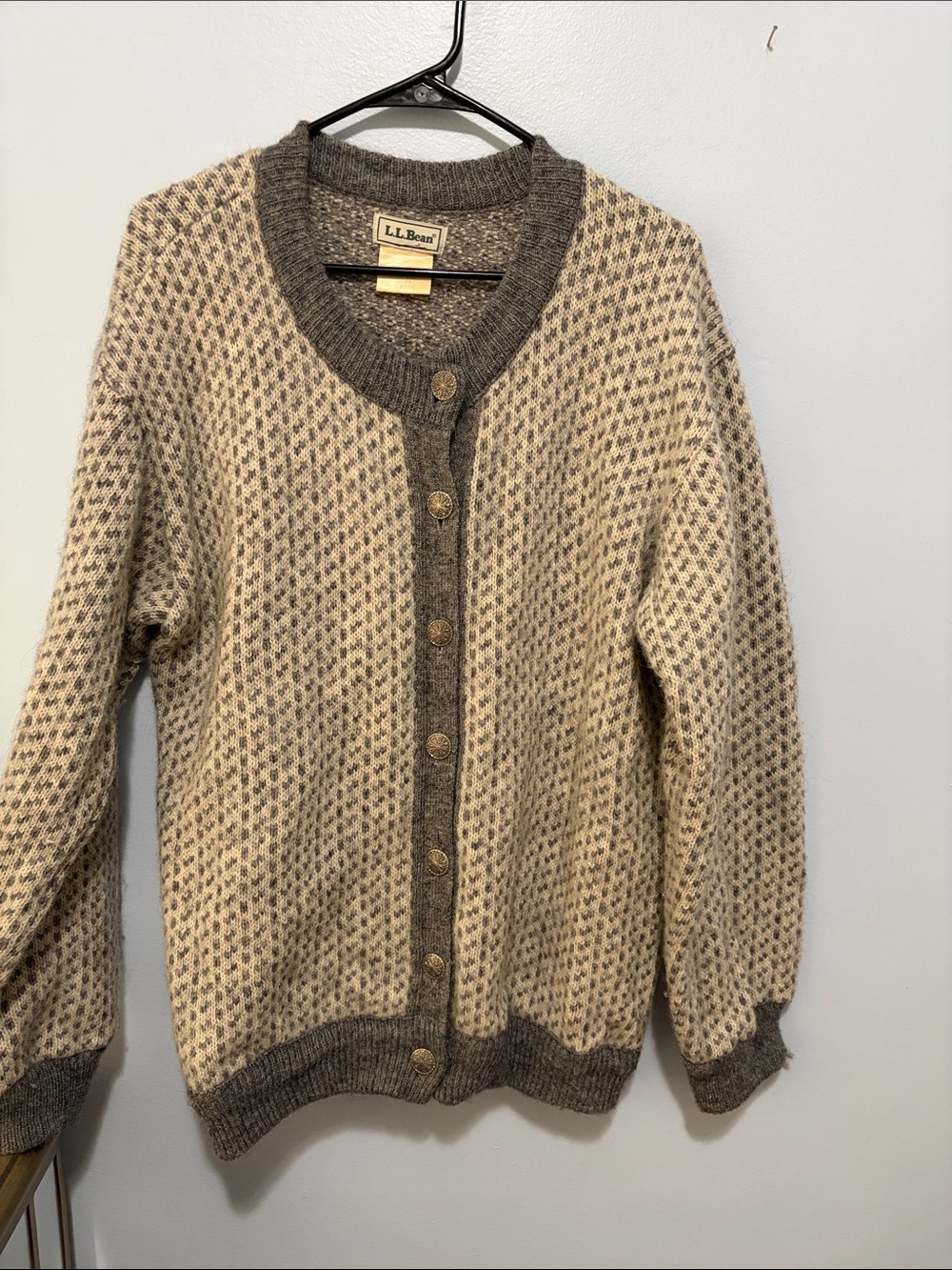 L.L. Bean vintage Cream and Brown Patterned Wool Cardigan as is